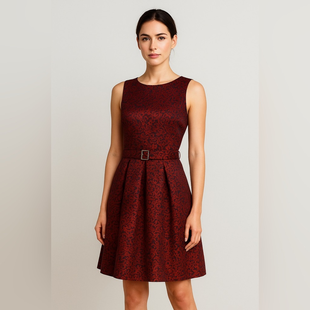 👉 Nine West Red & Black Brocade Sleeveless Fit-and-Flare Dress – Size 2